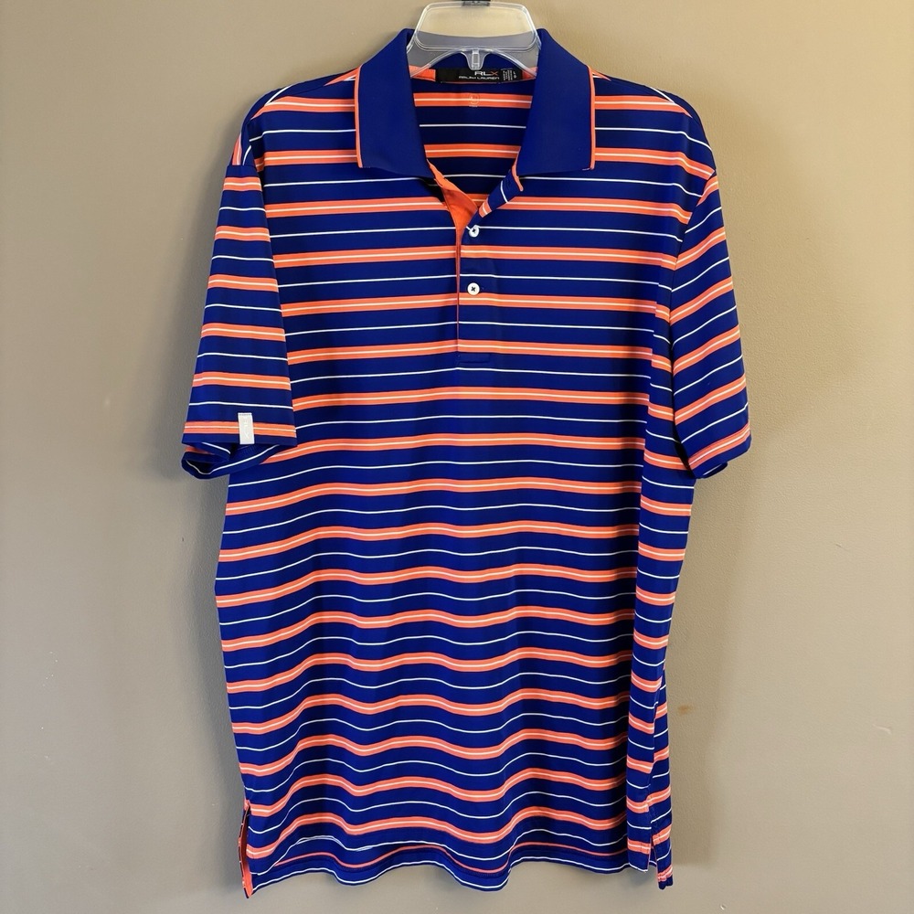 RLX Ralph Lauren Shirt Mens Large Blue OrangeStripe Performance Polo Golf Casual